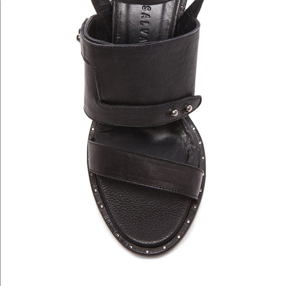 Freda Salvador Calfskin Go Strap Heeled Sandal Black Leather Block Heel Studded - Picture 6 of 11